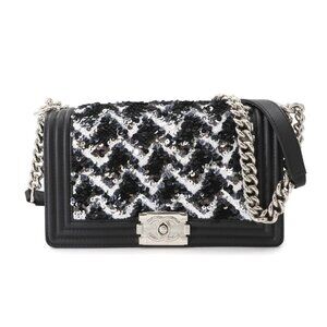CHANEL BOY CHANEL Chain Shoulder Bag Leather Sequins Black